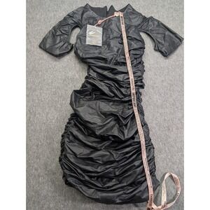 House of CB Alcea Black Vegan Leather Ruched Mini Dress SB6862 Small NWT